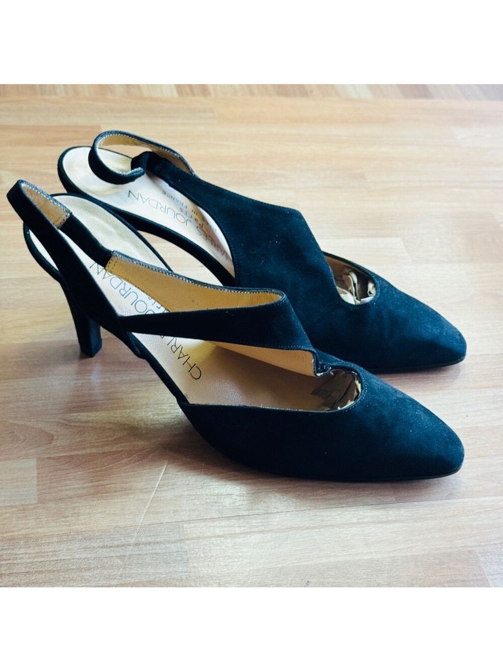 Charles Jourdan pointy toe sling back heels black suede size 6